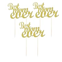 BinaryABC Mother's Day Best Mom Ever Cake Topper,Mother's Day Birthday Cake Decorations,Gold Glitter,3Pcs