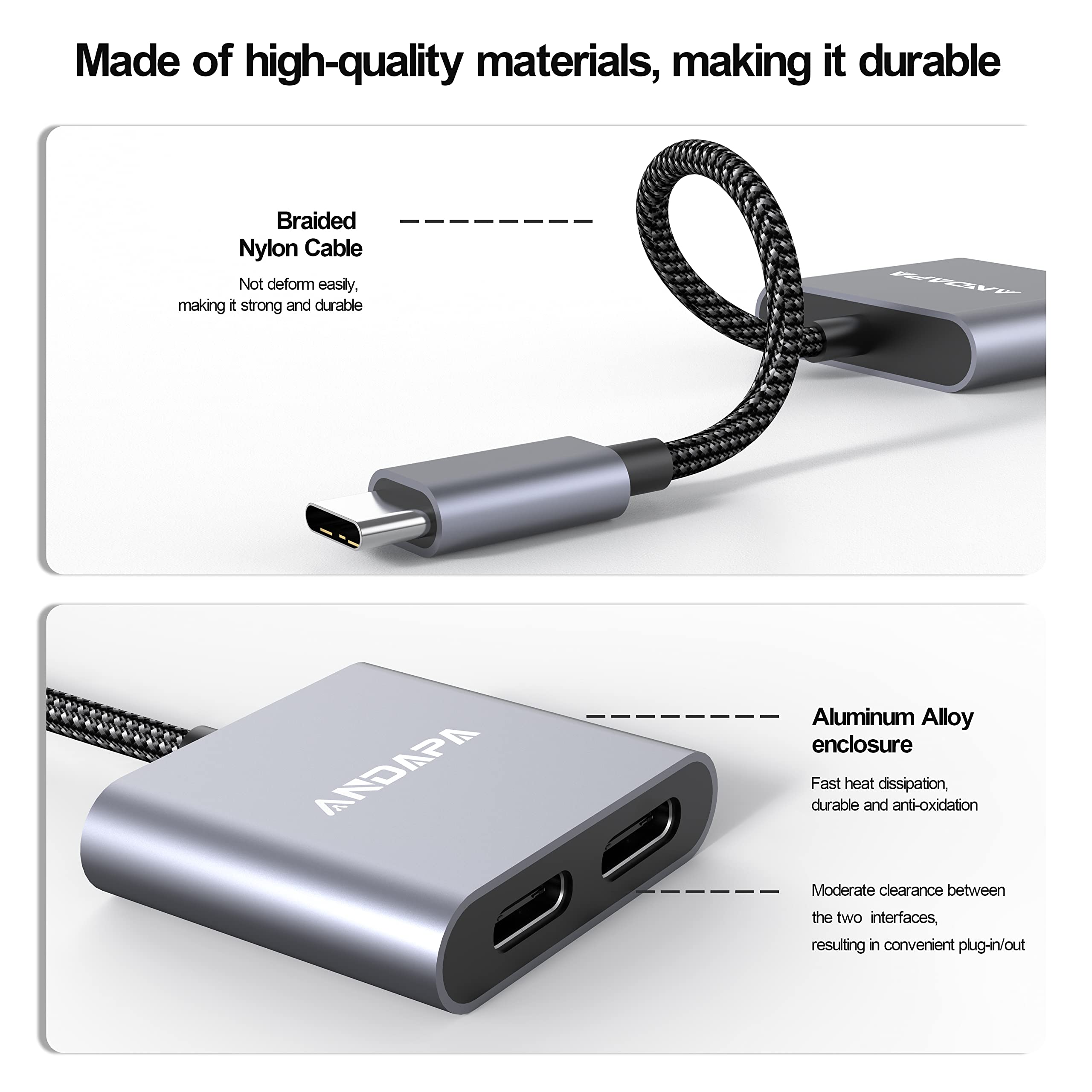 ANDAPA USB C Splitter, Dual USB C Audio and Charger Adapter with PD 60W Fast Charging Dongle Fit for Galaxy S22 S21 S20 S20+ Note 20,Pixel 6/5XL,ipad pro