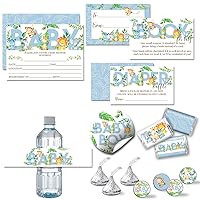 Amanda Creation Watercolor Jungle Animals Boy Baby Shower Party Bundle Includes 20 Invitations with Envelopes + 4 Different Sizes of Decorative Stickers, Diaper Tickets & Bring a Book Cards