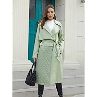 Jackets for Women - Raglan Sleeve Quilted Panel Belted Trench Coat (Color : Mint Green, Size : XX-Large)
