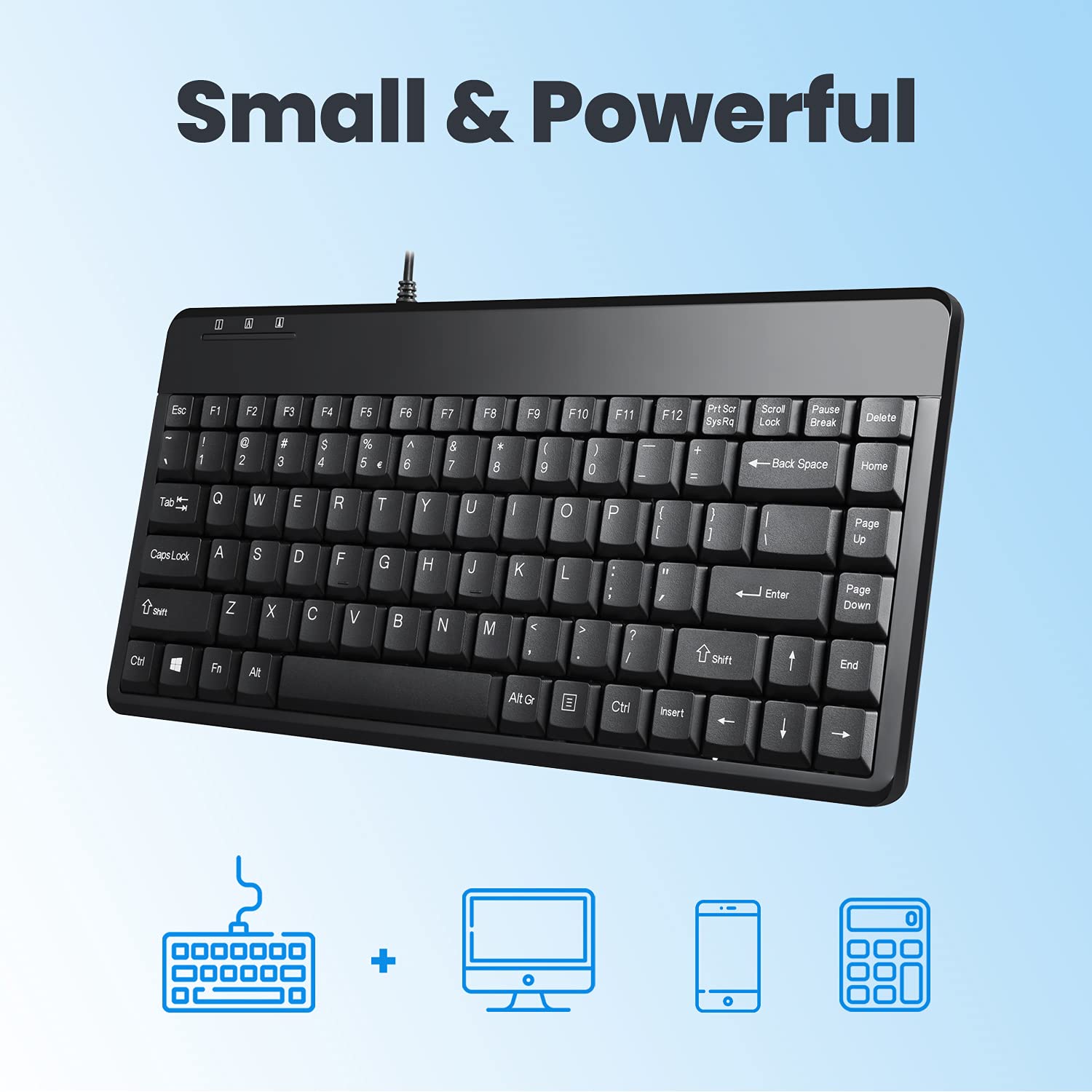 Perixx PERIBOARD-409H Wired USB Mini Keyboard with 2 USB Hubs, Black, US English Layout