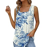 Summer Tops for Women 2023 Trendy, Casual Square Neck Tank Tops High Waist Pleated Floral Print Beach Shirts Blouses