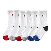 Polo Ralph Lauren Boys' Classic Sport Crew Socks-6 Pair Pack-Soft Stretchy Yarn & Stay Up Top
