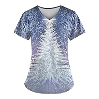 New Christmas Scrub Tops for Women Beautiful Christmas Tree Print Shirt Scrubs Nurse Gifts Uniform with Pockets
