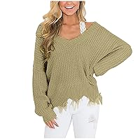 V Neck Sweaters Women Drop Shoulder Long Sleeve Jumper Tops Fashion Irregular Sweater Knitted Pullover Blouses
