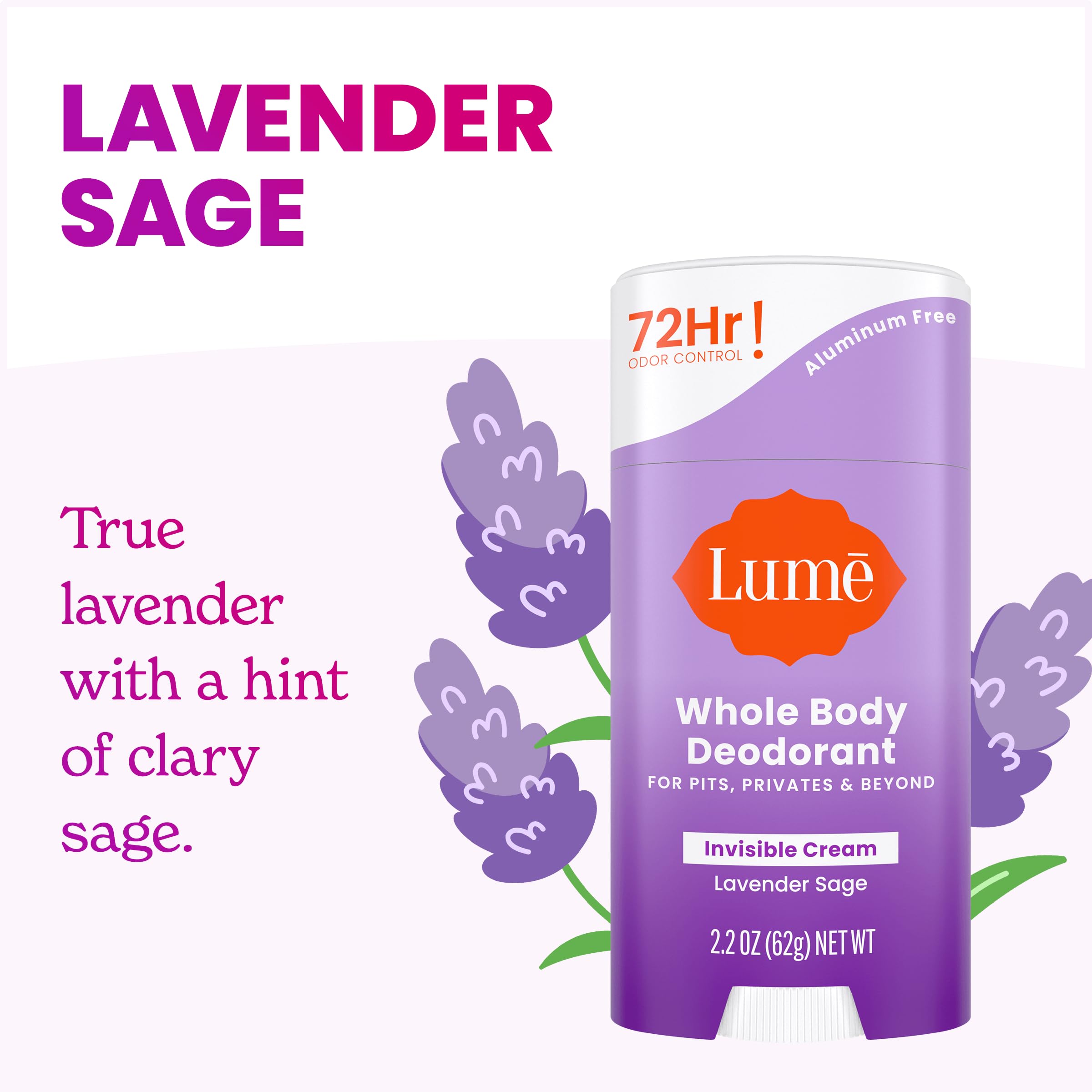 Lume Deodorant Cream Stick - Underarms and Private Parts - Aluminum-Free, Baking Soda-Free, Hypoallergenic, and Safe For Sensitive Skin - 2.2 Ounce Two-Pack (Lavender Sage)
