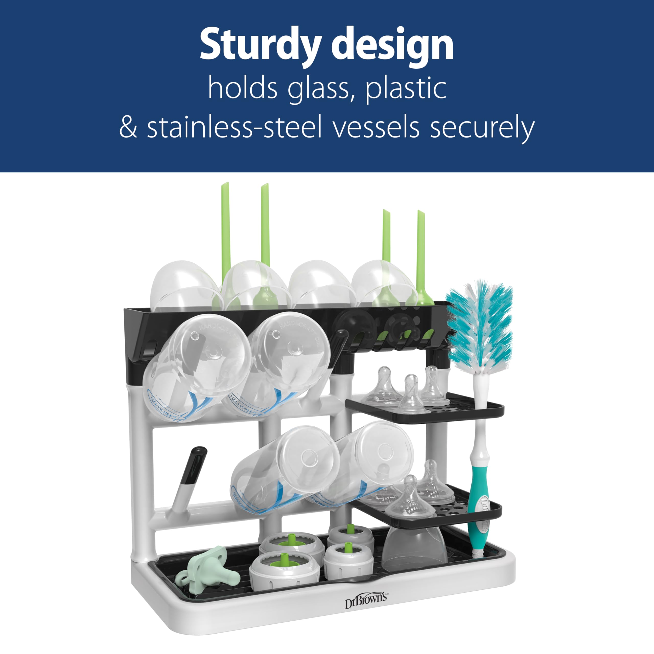 Dr. Brown's Drying Tower, Stand-Up Drying Rack, Countertop Baby Bottle Drying with Organized Storage for Baby Essentials, Space Saving Vertical Rack