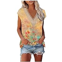 Womens Bohemian Floral Tops Guipure Lace V Neck Cap Sleeve Summer T-Shirts Fashion Casual Loose Fit Tee Blouses