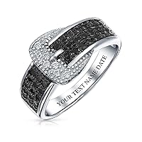 Trendy Fashion Pave Cubic Zirconia Black CZ Statement Belt Buckle Band Ring For Women .925 Sterling Silver