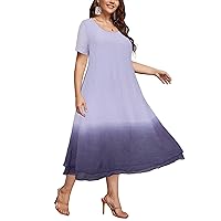 SKISS Plus Size Womens Tie Dye Dress Casual Summer Short Sleeve Linen Maxi Dress