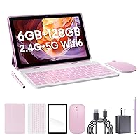 Tablets, 2 in 1 Tablet 10 inch, 6GB RAM 128GB ROM 1TB Expand Computer Tablet with Keyboard, 2.4Ghz+5Ghz+WiFi 6, 2+8 Dual Camera, 6000mAh Battery, Bluetooth 5.0 Tablets Adroid, Case, Stylus, Pink