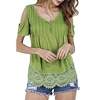 Summer Tops Women's Cold Shoulder Lace Splice Trim Loose Casual Blouse T-Shirt Tops
