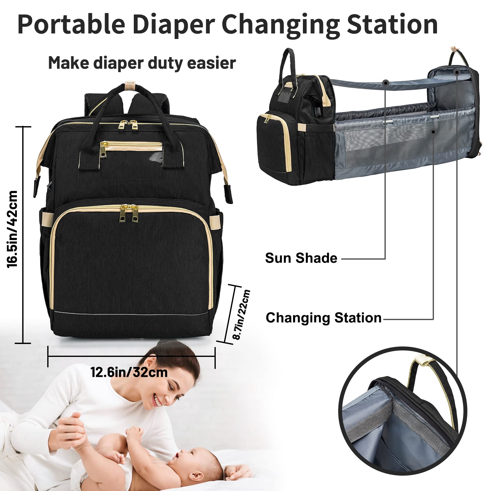 KABAQOO Diaper Bag Backpack, Large Baby Diaper Bags for Boys Girls, Baby Bag with USB Charging Port, Multifunction Waterproof Travel Back Pack for Moms Dads, Black