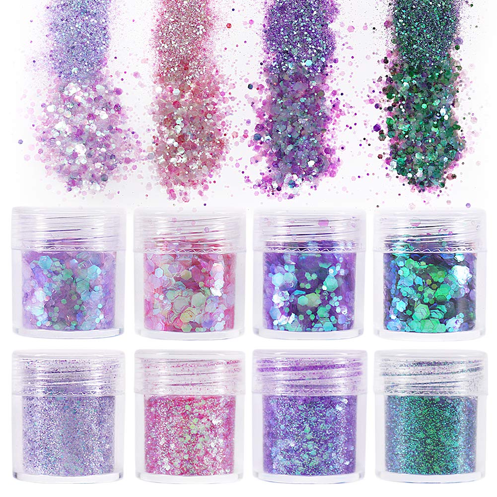 besharppin 8 Boxes Glitters Sequins, Chunky and Fine Glitter Mixed for Crafts Body Face Hair Makeup Nail Art (Mermaid)