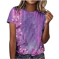 Retro Floral Print Shirts for Women Short Sleeve Crew Neck Pullover Summer Tops Blouse Fashion Loose Basic Tees Tops