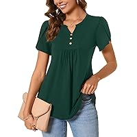 BISHUIGE Womens Casual Summer Top V Neck Loose Tunic Button Ruffle Sleeve Pleated Blouses