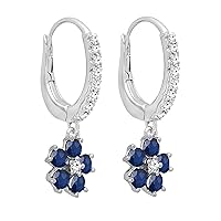 Dazzlingrock Collection Round Blue Sapphire & White Diamond Flower Lever Back Dangling Drop Earrings for Women in 925 Sterling Silver