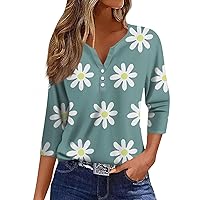 3/4 Sleeve Cotton Blouse Women Button Down Summer Tops V Neck T Shirts Henley Blouses Dressy Fashion Print Clothes