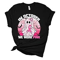 Womens Halloween Themed Breast Cancer Awareness Tee in October We Wear Pink Ghost Short Sleeve T-Shirt