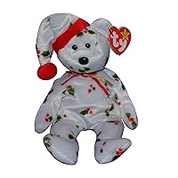 TY Beanie Babies 1998 Holiday Teddy Bear Stuffed Animal Plush Toy - 8 1/2 inches tall - White with Holly Leaf Design and Santa Hat