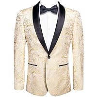 Hi-Tie Mens Suit Jacket Blazer One Button Shawl Lapel Slim Fit Long Sleeve Party Dinner Floral Stylish Tuxedo Jacket