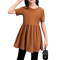 OYOANGLE Girl's Short Sleeve Waffle Knit Longline Tee Shirts Loose Ruffle Hem Peplum Tops