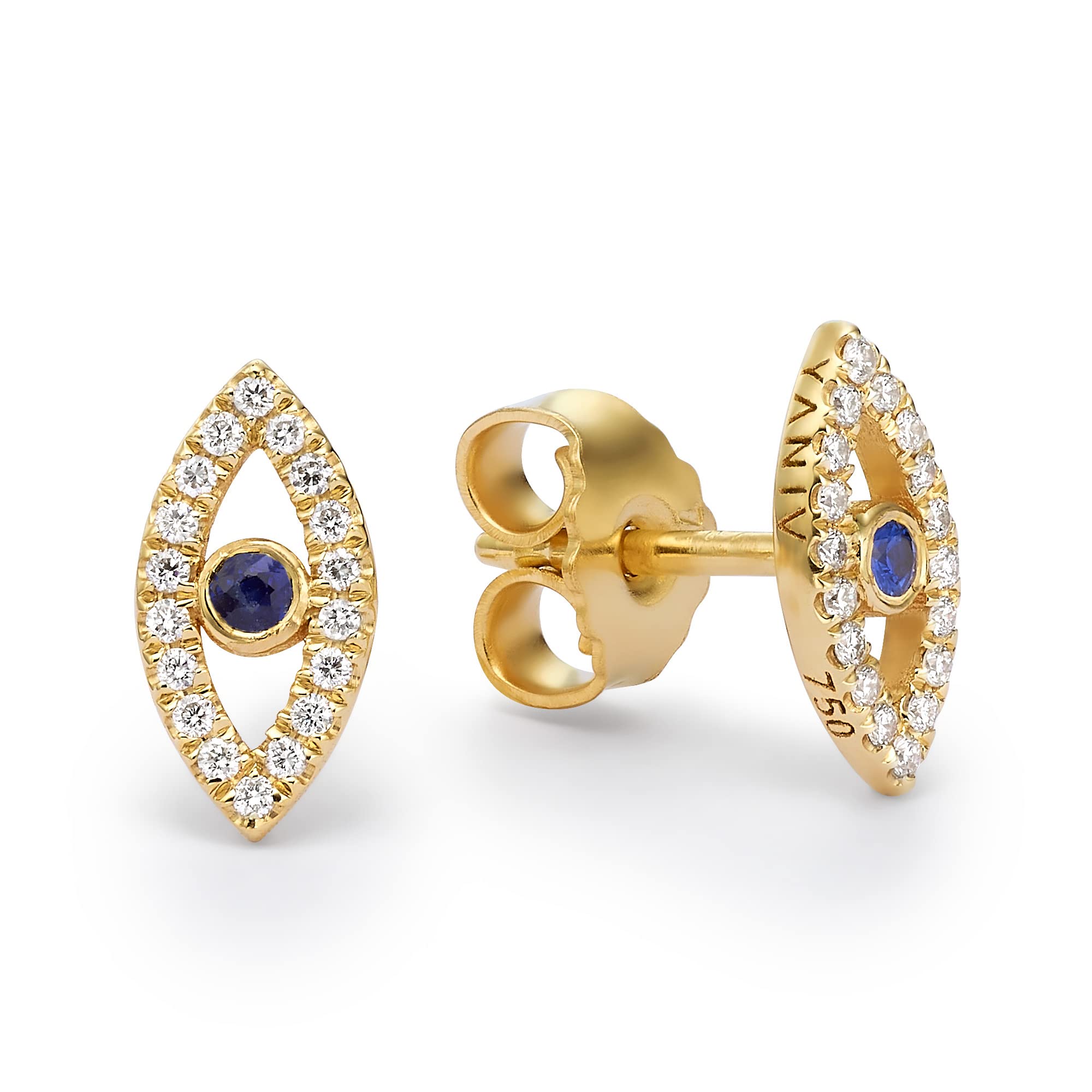 0.15 Carat Diamond and Blue Sapphire Evil Eye Stud Earrings for Women in 18k Gold (D-F, VS1-VS2, cttw) Puch Back Jewish Jewelry by Baltinester Jewelry