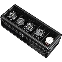 5 Slots Aluminum Watch Storage Case, Black Watch Dislpay Box Organizer for Men and Women, Portable Rectangle Watch Display Case with Large Glass Window and Security Metal Lock