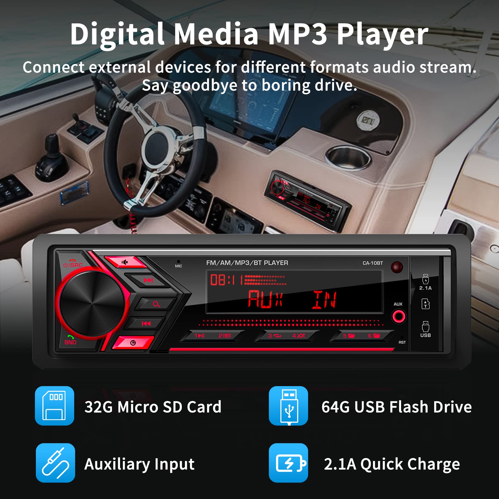 Bluetooth Single Din Car Radio: Marine Stereo Receivers - Multimedia Car Audio with AM FM | USB SD AUX-in | 2.1A Quick Charge | APP Control | LCD Display