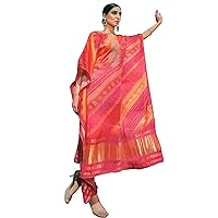 Fuschia-Orange Satin Kaftaan Style Bandhani Printed Salwar Kameez With Zari-Resham-Sequin Floral-Pai
