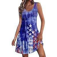 American Flag Dresses for Women 4th of July Casual Printed Dress V-Neck Vest Beach Dress with Pocket