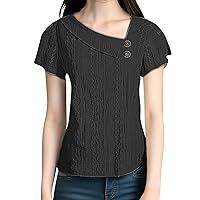 Women's Short Sleeve Shirts Ruched Tops for Women Solid Color Button Patchwork Fashion Trendy with Short Sleeve Irregular Sleeve Blouses Black Medium