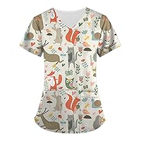 Women's Plus Size Scrub Tops Floral Printed Turtle Neck Short Sleeve Tank Top Oversize Flannel Shirts for Women