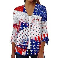 Shirts for Women Loose Casual Independence Day Printed 3/4 Sleeve V Neck Button Down Shirt Cardigan Top