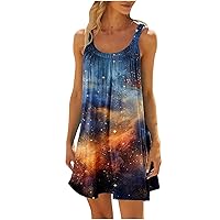 Funny Galaxy Planet Print Mini Beach Dress Womens Summer Vacation Sundress Sleeveless Boat Neck Tunic Tank Dresses