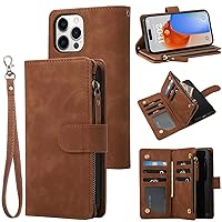 RANYOK Wallet Case for iPhone 15 Pro with RFID Blocking Credit Card Holder, Premium PU Leather [Zipper Pocket] Flip Folio Case Wallet with Wrist Strap Kickstand Protective Case 6.1 Inch (Brown)