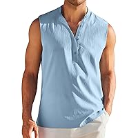 Men's Linen Solid Color Button Collar Shirts Casual Beach Sleeveless Shirts Sport Breathable Quick Drying Tank Tops