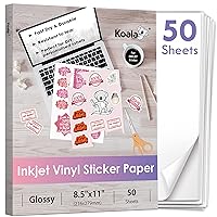 Koala Printable Vinyl Sticker Paper for Inkjet Printer - 50 Sheets White Glossy Sticker Paper, Waterproof Sticker Printer Paper 8.5x11 Inch, Tear-Resistant, Removable