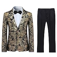 SWOTGdoby Boys Suit Formal Tuexdo Golden Jacquard Slim Fit 2 Pieces Suit Set Jacket Pants for Wedding Prom Party