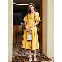Women's Dress Dresses for Women Square Neck Stereo Flower Puff Sleeve Dress Dresses for Women (Color : Yellow, Size : Small)