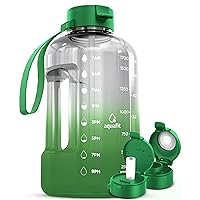 AQUAFIT Half Gallon Water Bottle With Time Marker - Straw & Chug Lid - Big Water Bottle With Straw - BPA Free Gym Water Bottle With Handle - Gallon Water Jug (64 oz - 2 Lids, Grass Haze)