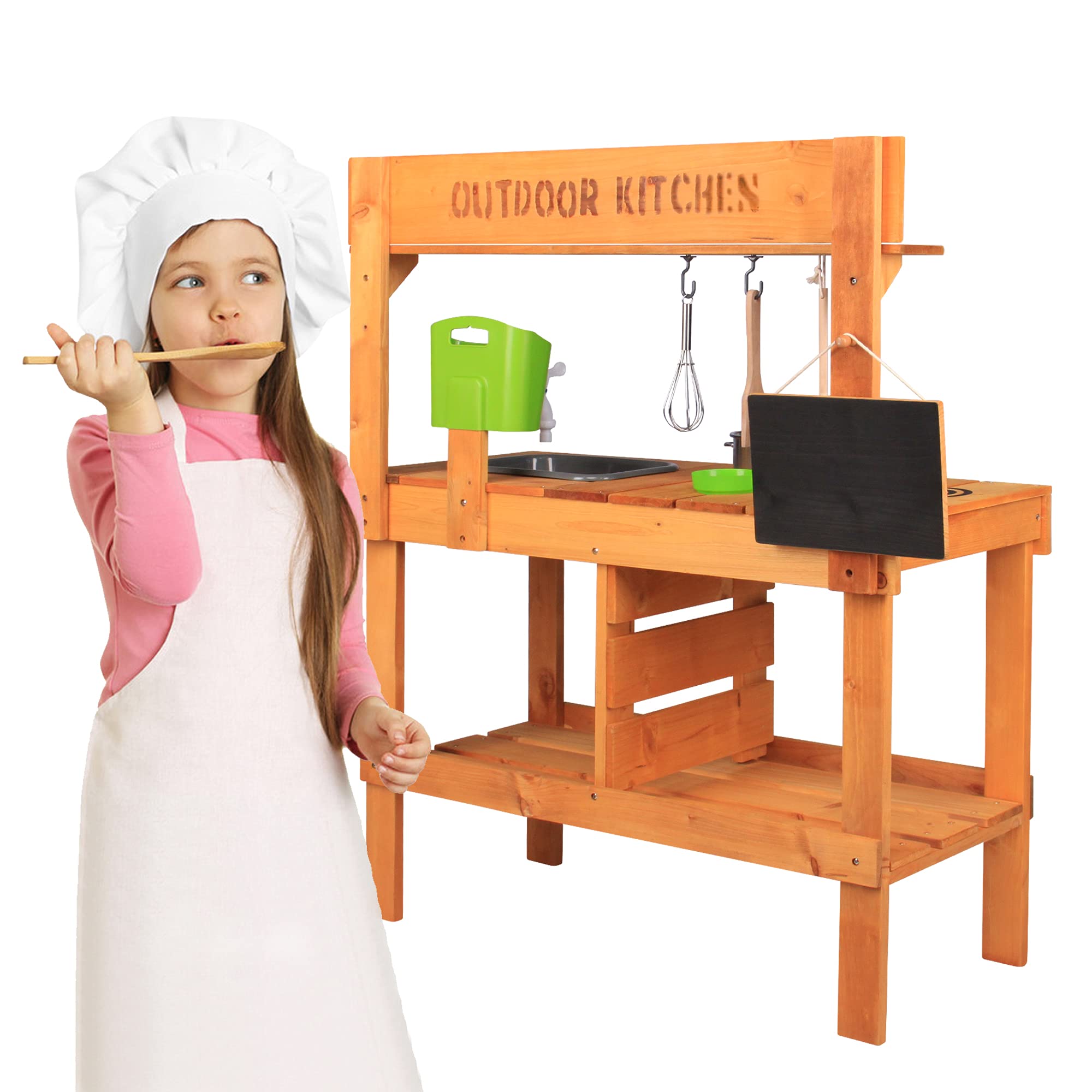 Wooden Kitchen, Kitchen Accessories and Garden Sink, Backyard Pretend Play for Toddlers,Kids Outdoor Upright Kitchen Playset with Faucet, 32.3 x 16.9 x 38 inches, Wood Color