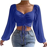 Women's Ruched Drawstring Long Sleeve Blouse Tops Plus Size Casual V-Neck Crop Top Ladies Fashion T-Shirt Streetwear