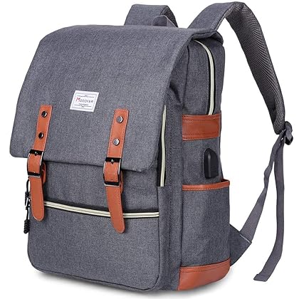 Modoker Vintage Laptop Backpack for Women Men,Travel Backpacks with USB Charging Port Fashion Backpack Fits 15.6Inch Notebook, Grey