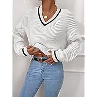 women's sweater Striped Trim Drop Shoulder Cricket Sweater sweater for women