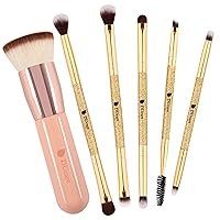 DUcare Flat Top Kabuki Foundation Brush + 5Pcs Eyeshadow Brush Set Duo End Eye Makeup Brushes Golden Glitter