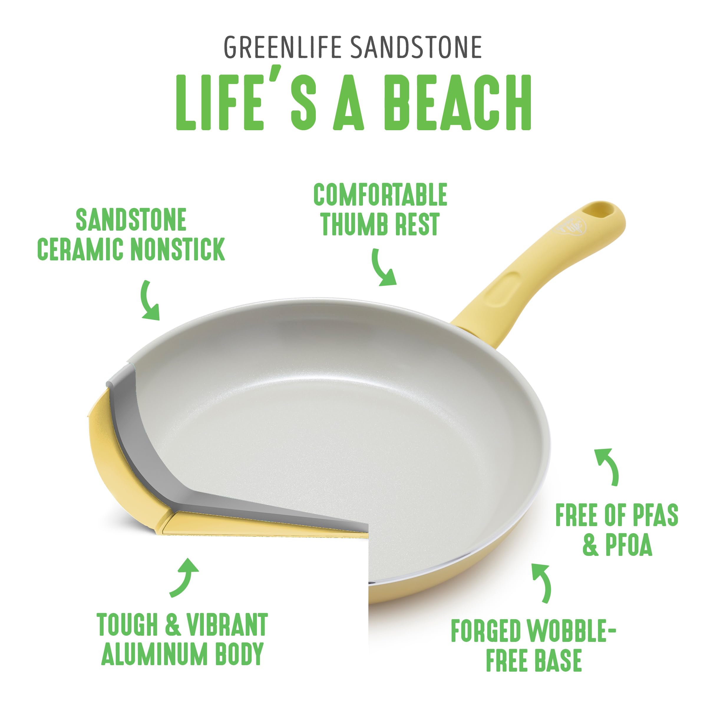 GreenLife Sandstone Healthy Ceramic Nonstick 10” Frying Pan Skillet, PFAS-Free, Dishwasher Safe, Yellow