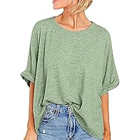 Women's Casual Tops Summer Short Sleeve T Shirts Round Neck Raglan Rolled Sleeve Loose Plain Blouses Tunic Tops