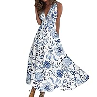 Sundress for Women 2024 Summer Elegant V Neck Sleeveless Maxi Dress Trendy Floral Boho Print Flowy Beach Party Dresses