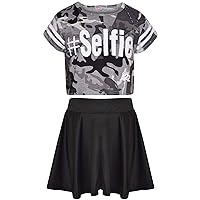 Girls Tops Kids Designer's #Selfie Camouflage Crop Top & Skater Skirt Set 5-13Yr